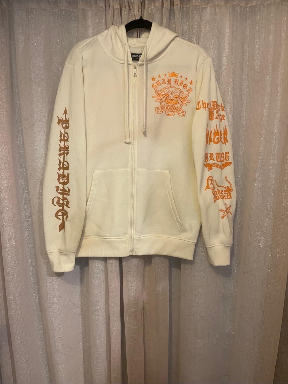 Rebel Minds Cream Zip-Up Hoodie Sweatshirt with Orange Graphic Print